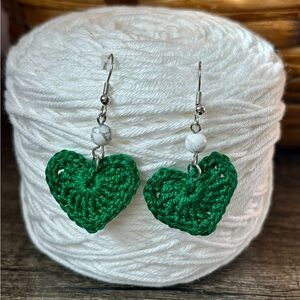 Handmade Forest Green Heart Crochet Earrings
